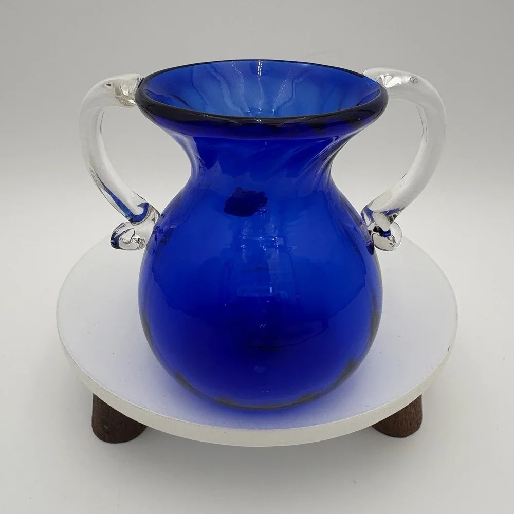 Rossi Glass  Art Glass Blue Pitcher Applied Double Handle‎ Niagara Falls VTG